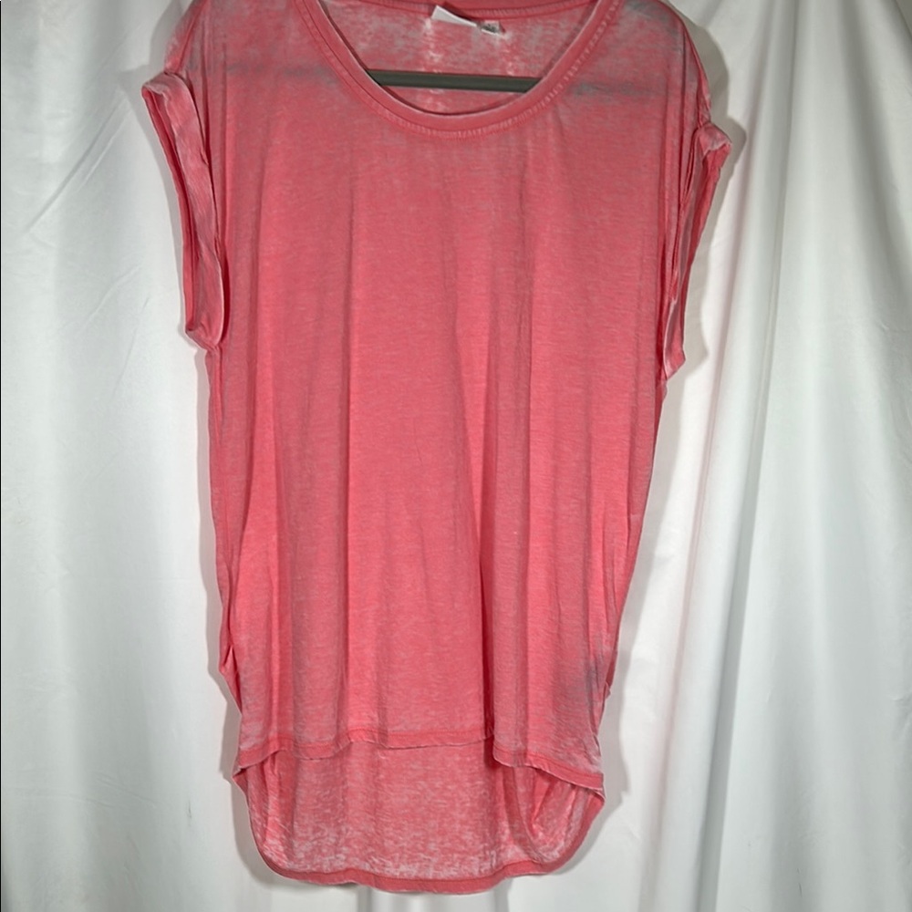 ‼️SALE‼️Tribal Jeans Coral Short Sleeves Semi-Sheer Hi-Low Ruched Sides TShirt L